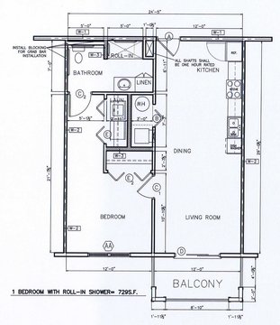1 Bedroom Dimensions - Linear Kitchen
