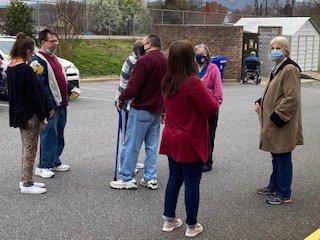 Gathering for informal chat after the fire drill